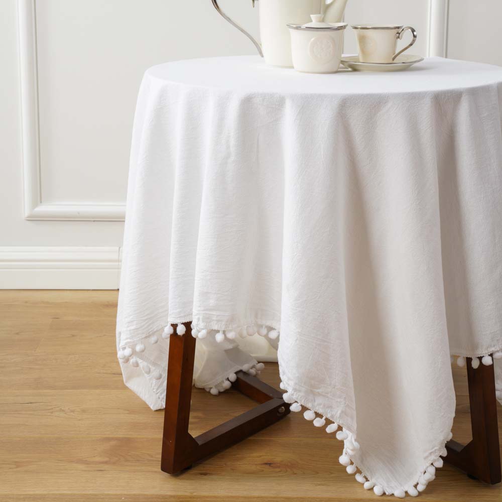 Polycotton White Pom Pom Tablecloth