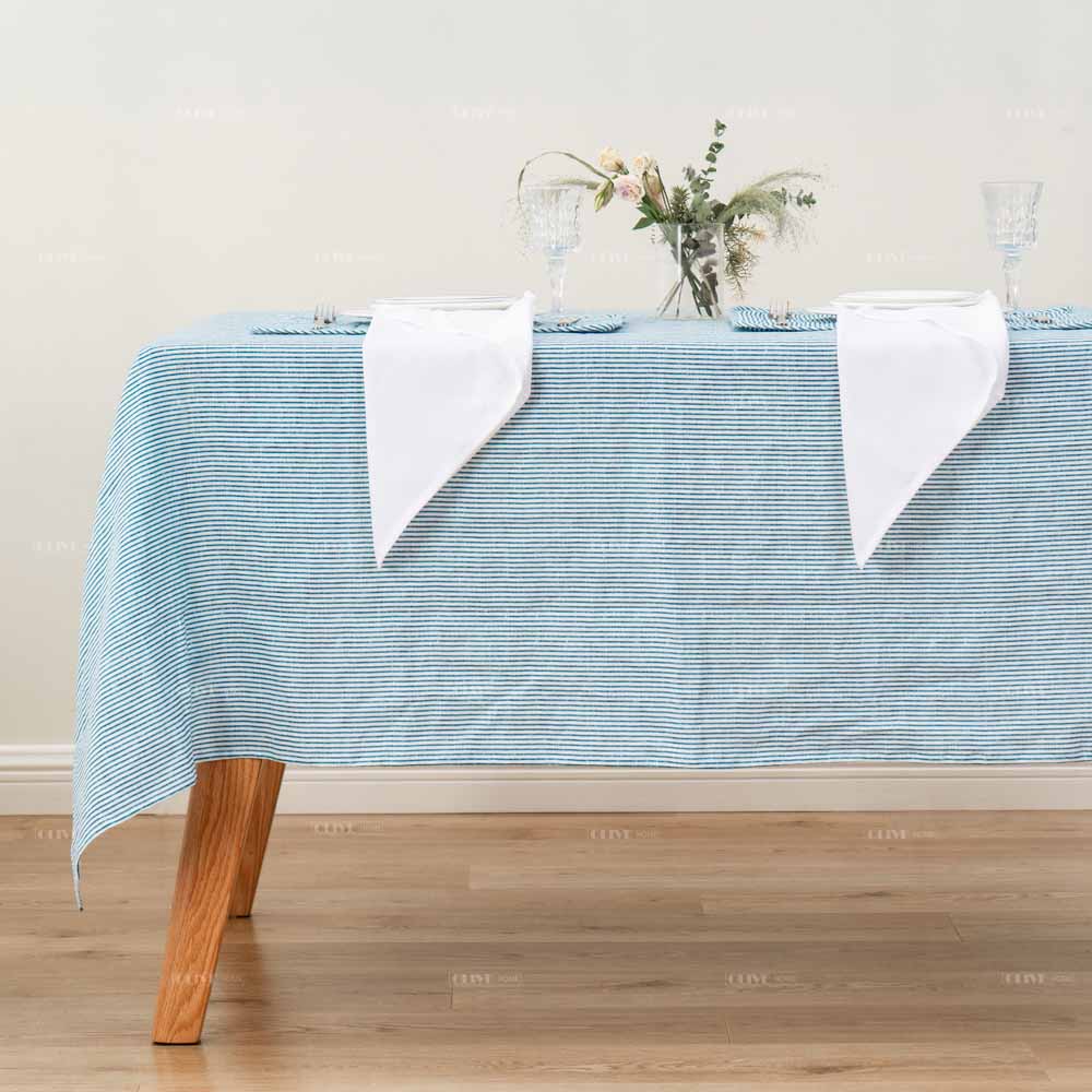 Blue Striped Flax Linen Tablecloth 2