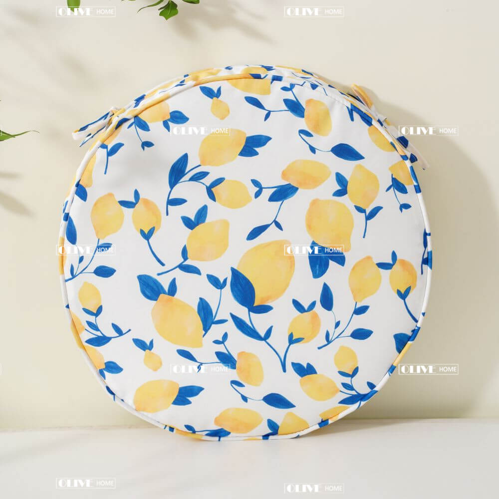 Lemon Print Design Round Seat Pad with Ties for Indoor Outdoor